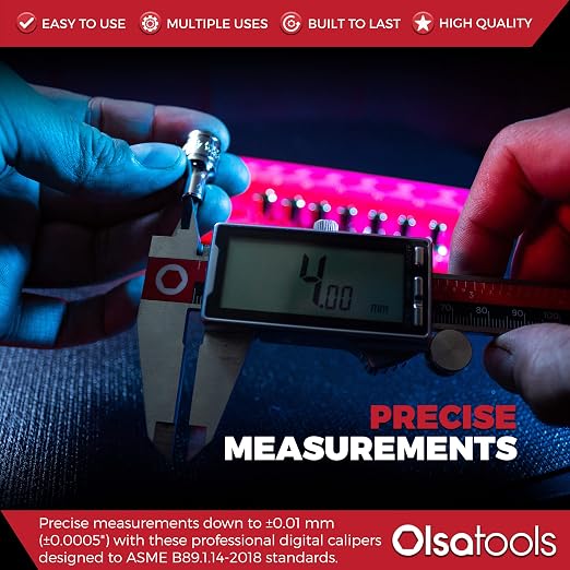 Olsa Tools Digital Caliper Measuring Tool - Inches, Fractional Inches, & Millimeters - 0-6 Inches - Stainless Steel Digital Calipers Measuring Tool - Large Easy-to-Read Display - Part: 1867