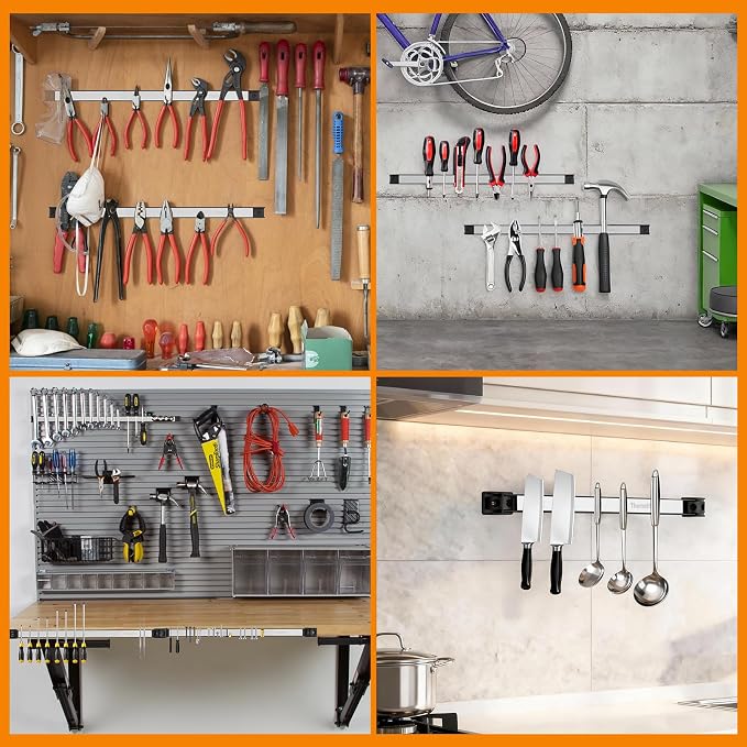 12" Magnetic Tool Holder Strip, 4 Pieces Silver Metal Tool Organizer Rack with Stainless Steel Surface, Magnet Bar for Garage Workshop, Easy To Install with Mounting Screws