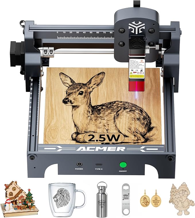 ACMER S1 Laser Engraver 2500mW, Compact Desktop Engraving & Cutting Machine for DIY Crafts, Small Business & Makers, 130×130mm Work Area, 0.04mm Laser Spot Engraving Machines & Tools