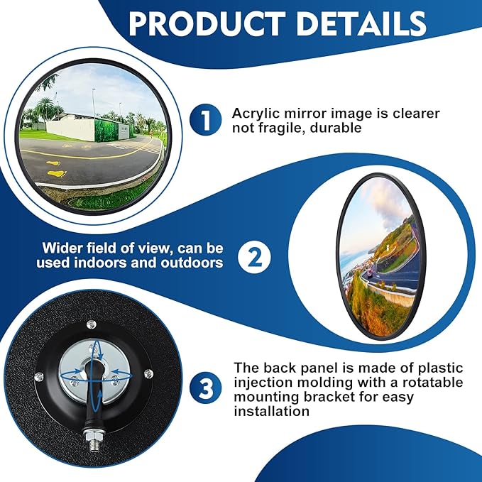 Maitys 2 Pcs Convex Mirror Acrylic Safety Security Traffic Garage Corner Mirror Adjustable Wide Angle View Mirror with Fixing Bracket for Indoor Outdoor School Classroom Warehouse (24 Inch)