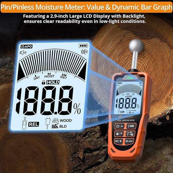 Neoteck Professional Measurement Kit: Spherical Inductive Pinless Moisture Meter & 2-in-1 Dual Probe 40mm Moisture Meter, LCD Display, USB Rechargeable, Audio Alarm for Wood, Wall, Concrete