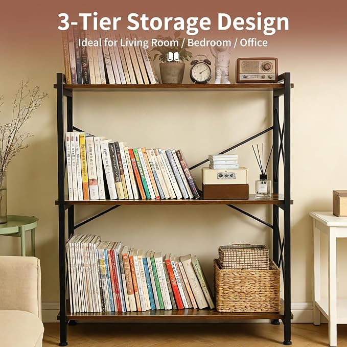 COSYSUPER 3 Tier Storage Shelf, Small Industrial Shelving Unit with Metal Frame & Wood Shelves, Sturdy 3 Shelf Organizer for Bedroom, Living Room, Entryway, Easy Assembly