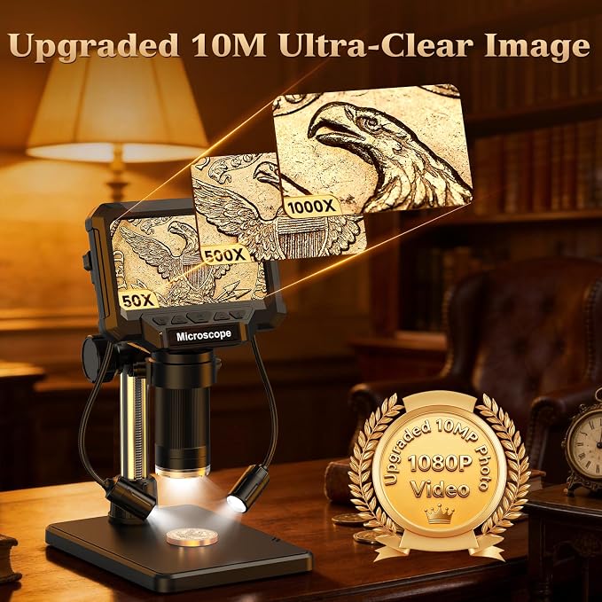 4.3" Coin Microscope for Error Coins (Detail View Only), 1000X Digital LCD Magnifier with Anti-Glare Side Lights, 1080P USB PC View (Win/Mac), Rechargeable Scope for Numismatic Grading