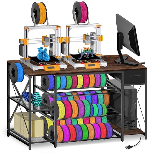 Upgrade Heavy Duty 3D Printer Table with Storage, Large 4-Tier 3D Printer Stand with Power Outlet & Drawer, Sturdy Wooden Desk & Metal Filament Rack for Workshop, Home Office(Brown)