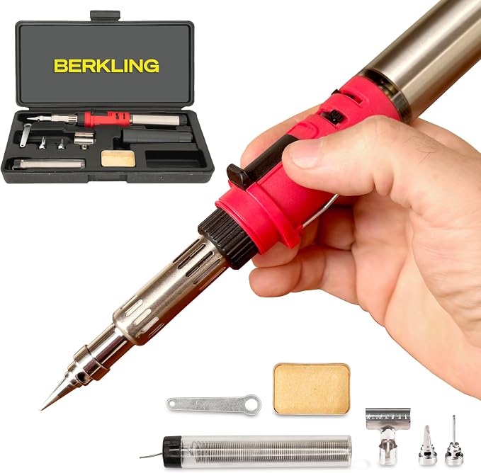 Berkling Premium Butane Soldering Iron Kit - Portable Cordless Welding Micro Solder Torch Heat Gun, 3 Pro Grade Tips, 15g Lead-Free Rosin Core Solder Wire, Mini Wrench, Sponge (BSG-668 Kit Red)