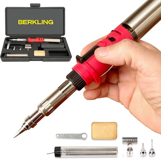 Berkling Premium Butane Soldering Iron Kit - Portable Cordless Welding Micro Solder Torch Heat Gun, 3 Pro Grade Tips, 15g Lead-Free Rosin Core Solder Wire, Mini Wrench, Sponge (BSG-668 Kit Red)
