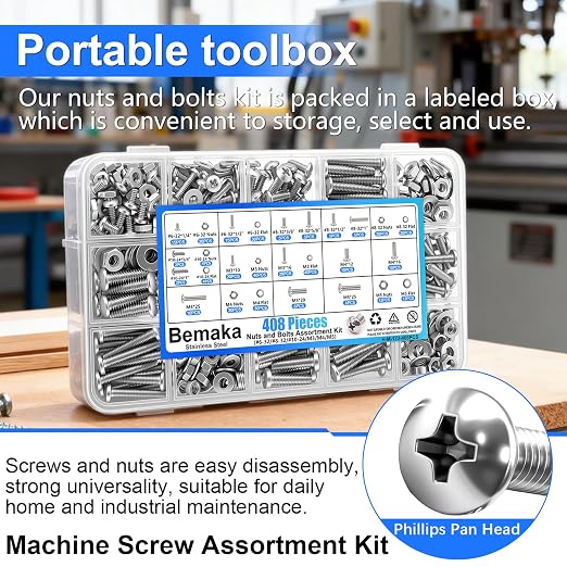 408PCS Machine Screws Nuts and Bolts Assortment Kit, 304 Stainless Steel Bolts #6-32#8-32#10-24 M3 M4 M5 Phillips Pan Head Hardware Screw Assortment Kit, Assorted Bolts, Nuts and Washers Kit