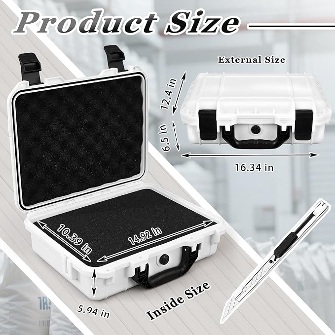 Relaxweex 1 Pcs Waterproof Hard Case with DIY Customizable Foam Insert Portable Protective Case with Knife for Camera Drones Equipments Tools Test Instruments(White,16.3 x 12.4 x 6.5 Inch)