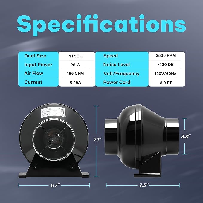 iPower 4 Inch 195 CFM Duct Inline Ventilation Fan Air Circulation Vent HVAC Exhaust Blower for Grow Tent, Greenhouses, Basements or Kitchens, Black