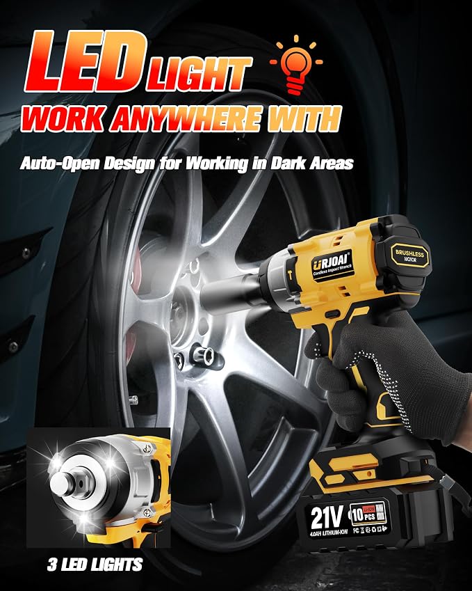 Urjoai Cordless Impact Wrench - 590Ft-lbs (800N.m) Brushless 1/2 inch, 3300RPM High Torque Impact Gun, 2x 4.0Ah Battery, Charger & 7 Sockets, Electric Impact Wrench for Car Home