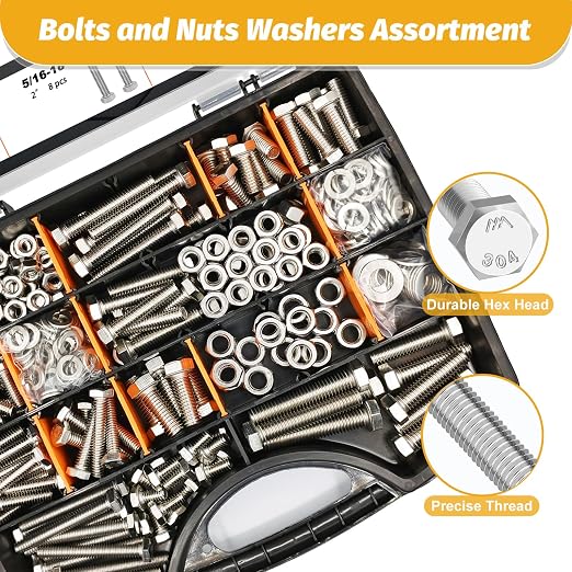 Kadrick 456Pcs 18-8(304) Stainless Steel Hex Bolts Assortment,1/4-20 5/16-18 3/8-16 Heavy Duty Bolts and Nuts Kit, Assorted SAE Bolts Nuts Flat&Lock Washers,Lenth Form 1/2''-2''