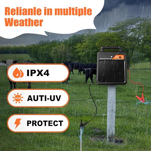 10 Miles Solar Electric Fence Charger 0.16J Output Fence Energizer with Front Visible Switch Design, Peak 8.1KV Output 2.5KV Under Load Portable Solar Fence Charger for Livestock Defense