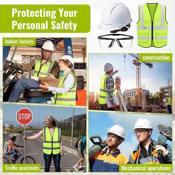 Mumufy 18 Pcs Suspension Hard Hats with Safety Vests and Goggles Bulk, Safety Helmets Vented Cap Helmet High Visibility Vest Mesh Reflective Anti Fog Goggles Adjustable Temples for Construction Work
