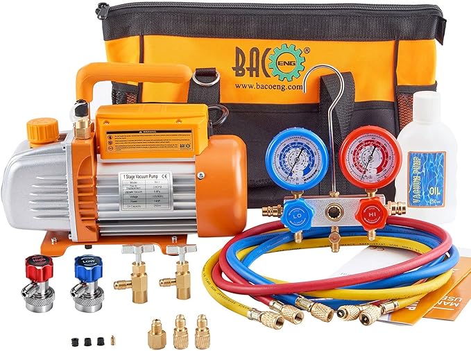 BACOENG 3.6CFM 1/4HP AC Vacuum Pump and Gauge Set, HVAC Vacuum Pump Kit for AUTO Air Conditioning System, Manifold Gauge Set for R134a R22 R410a Refrigerants - w/ R134a Can Taps and Quick Couplers