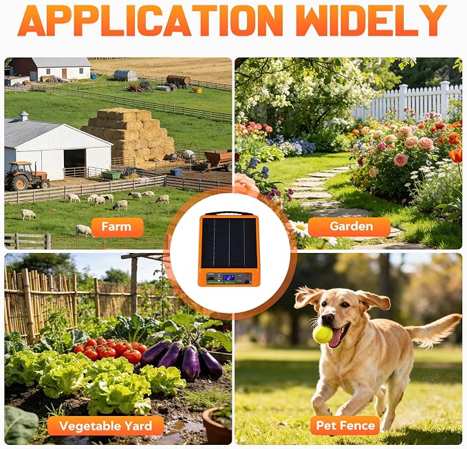 20miles Solar-Powered Electric Fence Charger, Adjustable Output Voltage:6/8/10/12kV, 2J Portable Solar Fence Charger Supports Battery/Solar/AC Power Ideal for Livestock/Garden/Orchard/Farm Protection