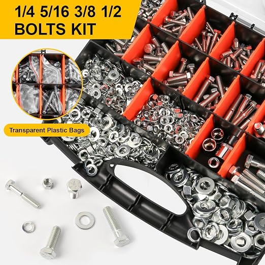 1000PCS Grade 8 Bolt Assortment Kit, Heavy Duty Bolts and Nuts Kit, 1/4-20 5/16-18 3/8-16 1/2-13 SAE Grade 8 Alloy Steel Hex Cap Screws Nuts Washers, Comes with 4 Bits（Zinc Plated）