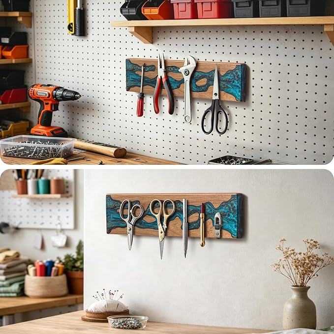 FINDKING Magnetic Knife Strip for Wall, Solid Acacia Wood with Mineral Blue Resin Inlay, Wall-Mounted Knife Holder with Strong Magnetic Hold, No-Drill Adhesive Mount (12 Inch)