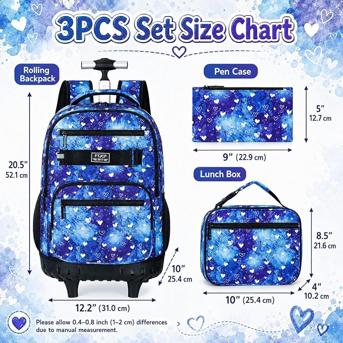 3Pcs Rolling Backpack for Girls Women, Travel Roller Backpacks with Wheels for Adults, Teens College Love Polka Dots Wheeled Bookbag with Lunch Box(Blue)