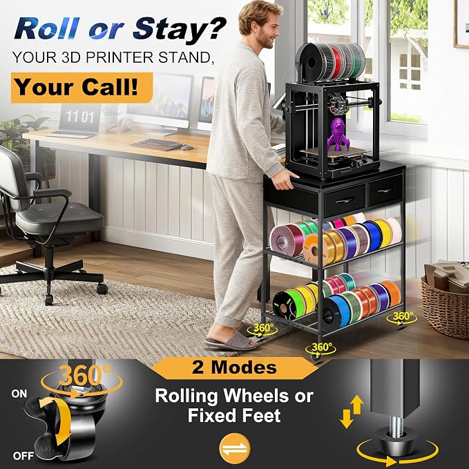 3D Printer Filament Storage Rack with Drawers, 3Tier Metal Filament Spool Holder with Wheels, 3D Printer Filament Stand for PLA/ABS/TPU/Nylon, Filaments Organzied for Workshop Studio Office, Black