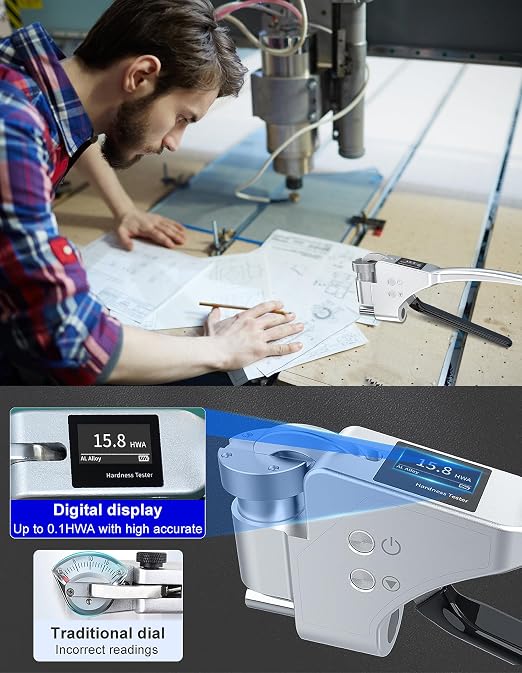 Digital HWA Hardness Tester 6-in-1 Hardness Tester with HWA, HRE, HRF, HRB, HV, HB Systems Portable Hardness Tester for Aluminum Alloy, Brass, Copper, Mild Steel (Model AMT308)