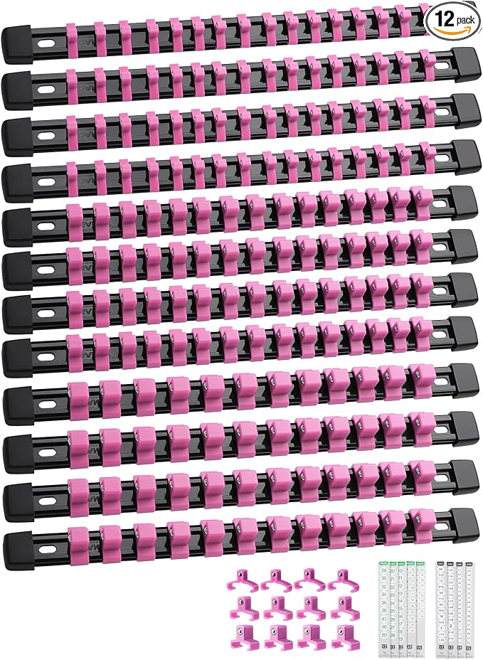 ALOANES 12PC Socket Organizer, Socket Rails Fit 1/2", 1/4" and 3/8" Drive | Heavy Duty ABS Socket Holders Hold up 172 Sockets for Mechanics Toolbox Drawer Bags(Pink)
