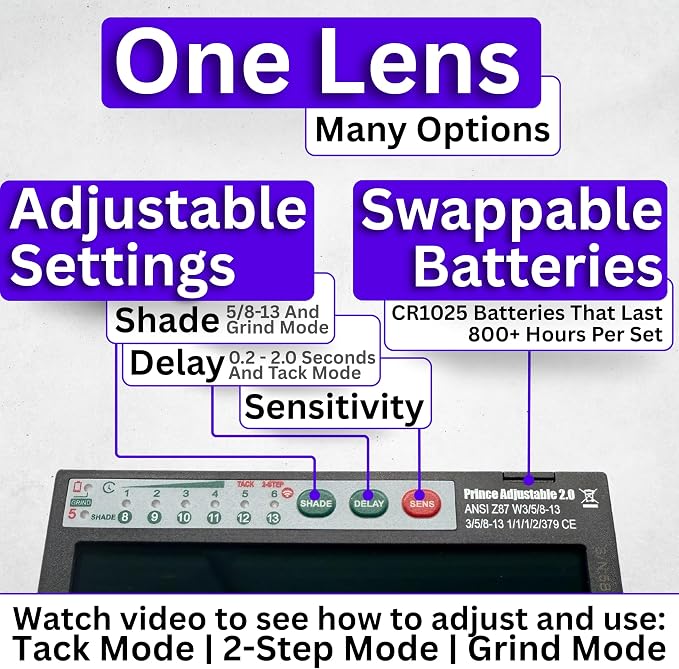 The Prince Adjustable 2.0 | Adjustable Shade 8-13 Silver Auto Darkening Welding Lens With Grind Mode | 5A TIG Rating | 2" X 4.25" X 0.2" | Silver Welding Lens - Blue Puddle | Royal Series 2.0