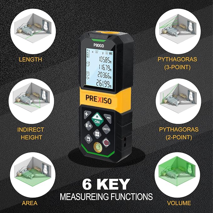 PREXISO Laser Measure Rechargeable, 265Ft Green Beam Laser Measurement Tool & PREXISO 2-in-1 Laser Level Spirit Level with LED Lights, 32Ft Line and 98Ft Point