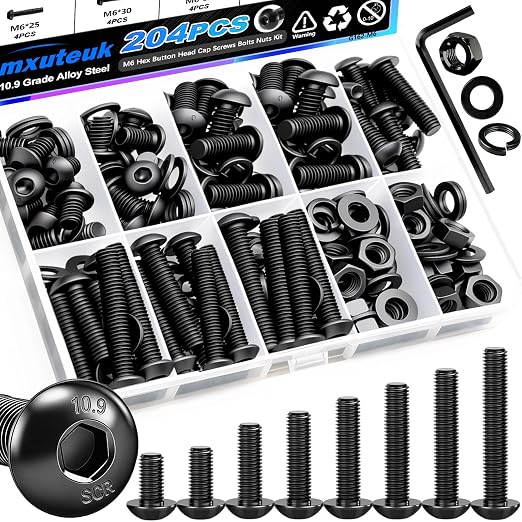 mxuteuk 204PCS M6 Screws,M6x8/10/12/16/20/25/30/35mm Hex Button Head Cap Bolts with Nuts & Washers,10.9 Grade Alloy Steel Black Zinc Screws Assortment Kit for 3D Printing,DIY
