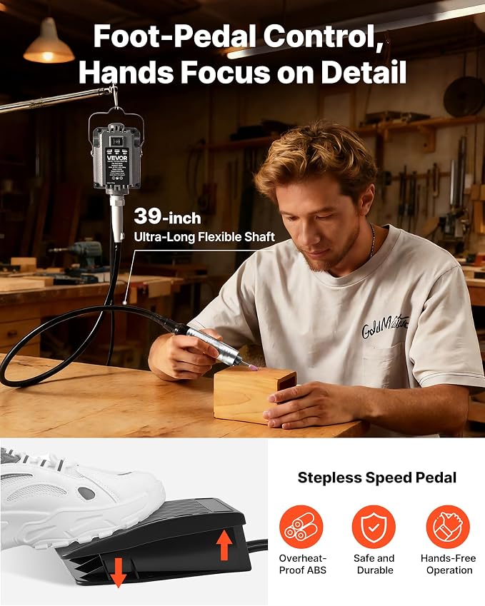 VEVOR Flex Shaft Grinder, 125W 18000RPM Electric Flex Shaft Rotary Tool, Foot-Pedal Control Hanging Carver Grinder with 112PCS Accessory Kit for Sanding Buffing Polishing Cutting