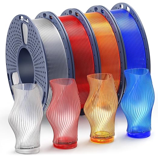 SUNLU Clear PLA Filament 1.75mm Bundle, 3D Printer Filament Bundle Multicolor, Individually Vacuum Packed, 250g Spool, 4 Rolls, Transparent Series-Clear+Red+Orange+Blue