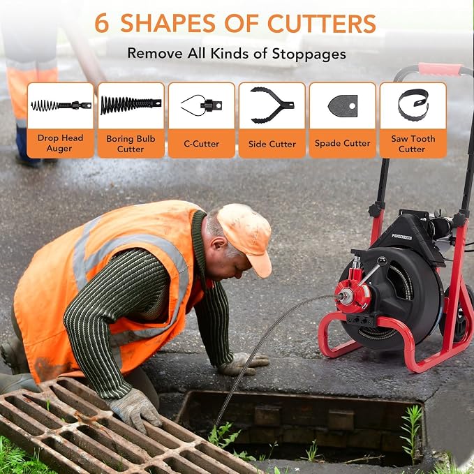 75Ft x 1/2 Inch Drain Cleaner Machine, Electric Drain Snake with 6 Cutters Gloves, Electric Drain Clog Remover Plumbing Tool for 2 to 4 in Pipes, Auto Feed Sewer Snake Auger Drain Auger Cleaner