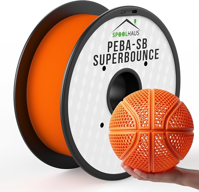 PEBA Filament 1.75mm Full 1kg SpoolHaus Super Bounce | High Rebound Flexible Filament | The Super TPU 78% Energy Return | Bouncy Airless Basketball 3D Printer Filament Lightweight Orange 1kg