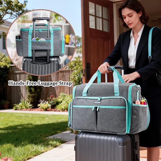AMOIGEE Full-Open Sewing Machine Case, Large Sewing Machine Storage Bag for Travel - Heavy-Duty Embroidery Tote for Brother Singer Janome Standard Machines Holder with Pocket for Accessories and Tools
