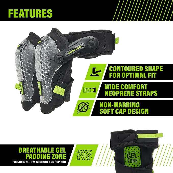 AWP Gel Pro Comfort Hinge Knee Pads | Dual Gel/Foam Padding + Comfort Hinge Design | Non-Marring Cap, Breathable Straps | Jobsite Knee Protection for Flooring, Construction & Landscaping