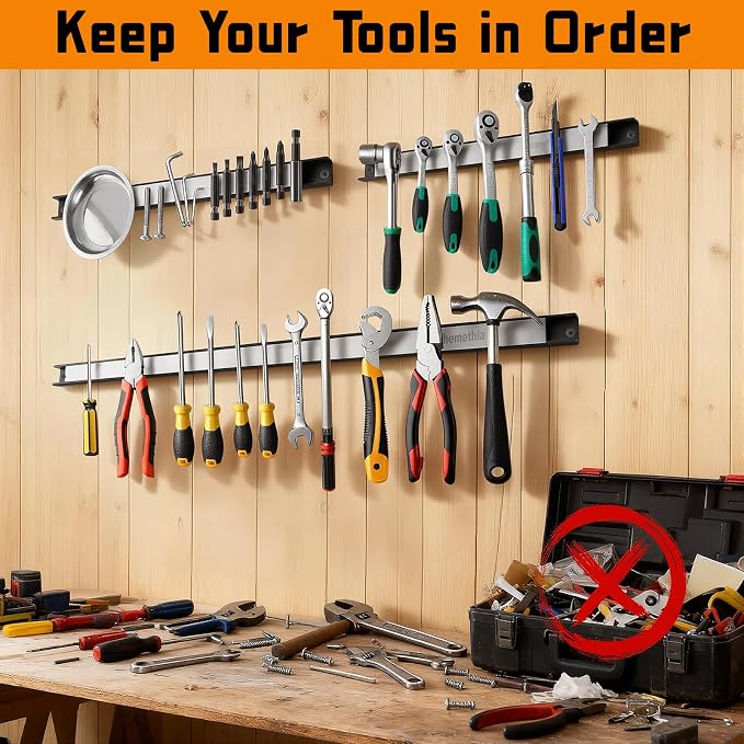 12" Magnetic Tool Holder Strip, 4 Pieces Silver Metal Tool Organizer Rack with Stainless Steel Surface, Magnet Bar for Garage Workshop, Easy To Install with Mounting Screws