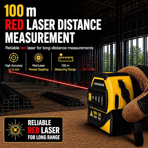4-in-1 Digital Laser Tape Measure, 16FT Tape, 328FT Distance Meter | 33FT cross-line laser, area, volume and ceiling height for room measurements, flooring, furniture layout and home remodeling