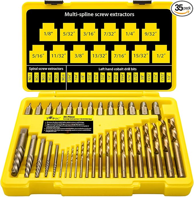 Topec 35-Piece Screw Extractor and Left Hand Drill Bits Set, Easy Out Screw Extractor Set with Reverse Drill Bits, Multi-Spline Extractors for Removing Broken Bolts and Stripped Screws