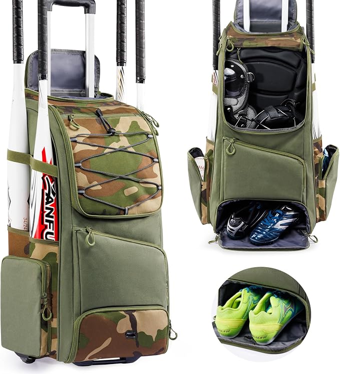 Large Rolling Baseball Catchers Gear Bag with Wheels, Softball Bag with Hard Backing for 4 Bats,Equipment Bag with Separate Shoe & Helmet Compartments, Youth Baseball Bag with 360° Spinner Wheels