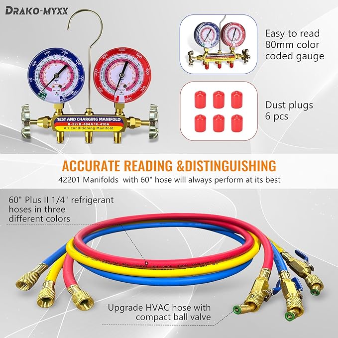 Upgrade 42201 Test & Charging Manifold with 3-1/8" (80 mm) Gauges,60" Refrigerant Hose with Compact Ball Valve,1/4" Standard Flare Fitting,2-Valve,HVAC Manifold for R-22/404A/410A,Yellow/Red/Blue