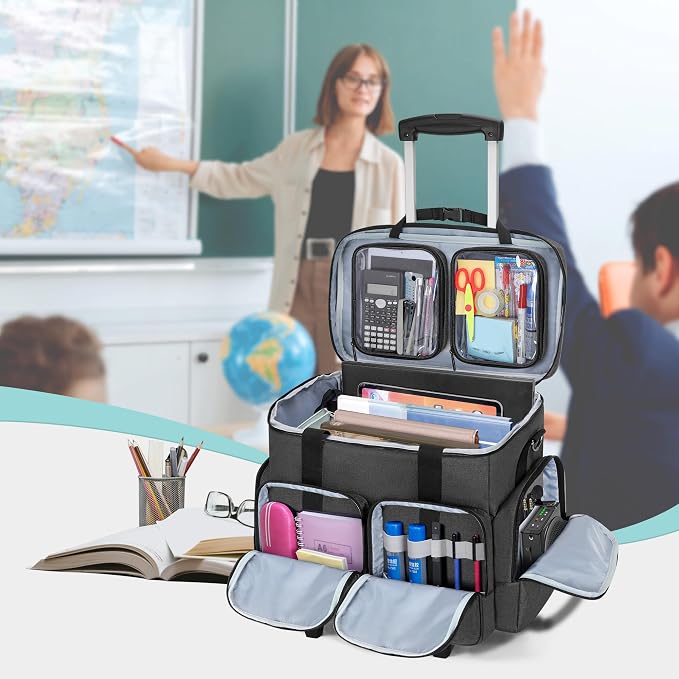 CURMIO Rolling Teacher Tote Bag with Padded Laptop Compartment for up to 15.6 Inches Laptop, Wheeled Teacher Bag for Teaching, Office, Craft, Black