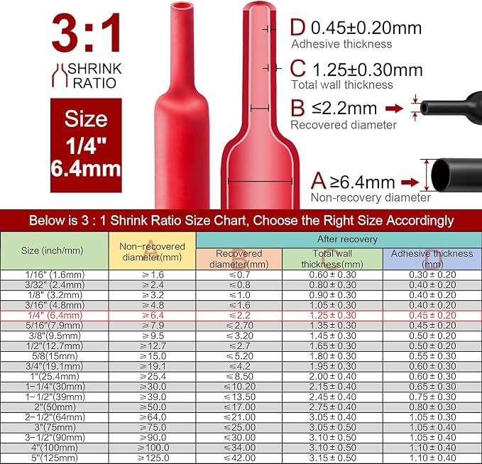 Chanzon 3:1 Ratio 1/4" (6.4mm) Heat Shrink Tubing - Marine Grade Waterproof Adhesive Lined - 8Ft Roll (2.5M Total Length) Red Polyolefin Sleeving Wrap Shrinking 3 to 1 Ratio 1pcs