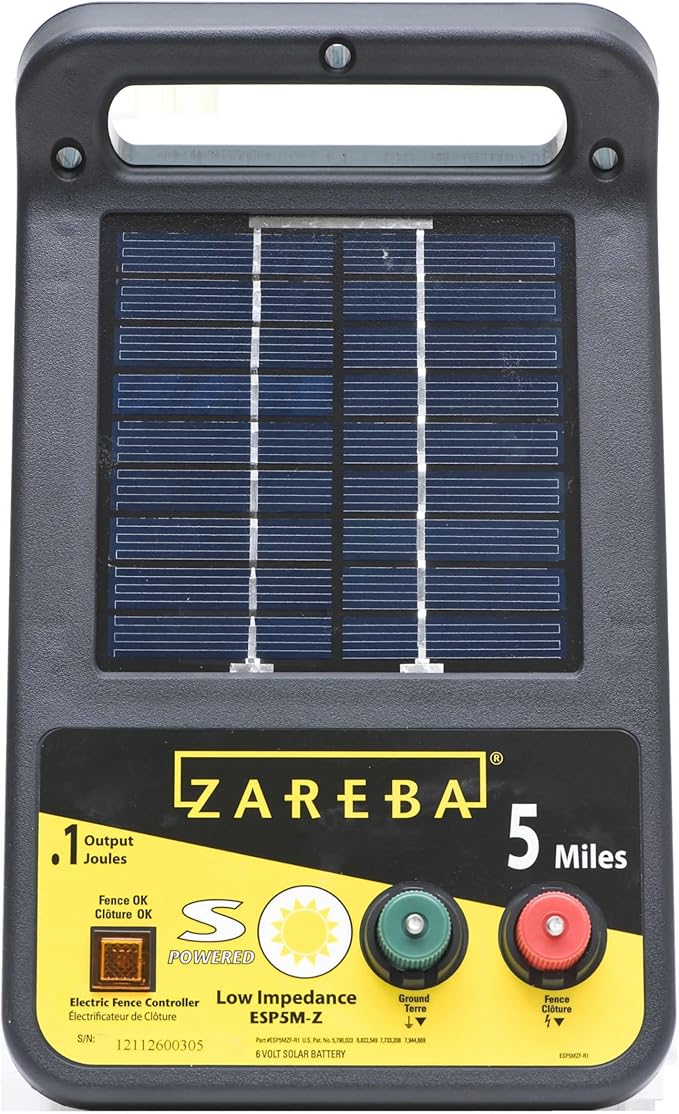 Zareba Solar Electric Fence Charger - 5 Mile Range Low Impedance Energizer with T-Post Mounting Bracket and 360-Degree Rotation, Rotational Grazing Fence Charger for Livestock & Cattle, ESP5M-Z