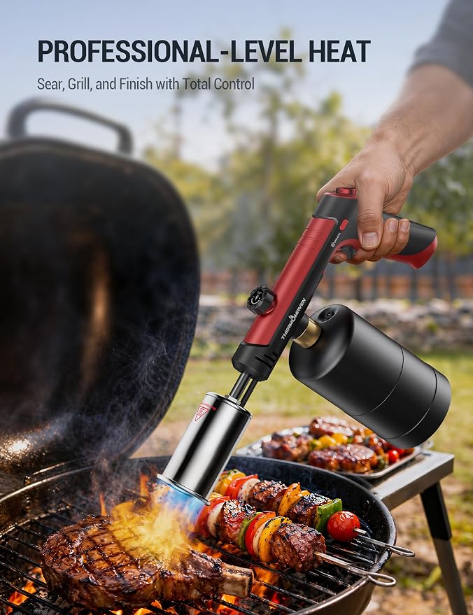 ThermoMaven Propane Torch with One-Touch Max Fire, Cooking Blow Torch Gun with Safety Lock, Charcoal Lighter, Flame Thrower, Gas Welding Kit Kitchen Food Torch Head for Grill, Sous Vide, BBQ, Red