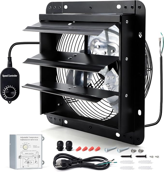 7 Inch Wall Mounted Shutter Exhaust Fan with Thermostat and Speed Controller for Attic, Greenhouse, Shed, Garage, Chicken Coop, Shop, Barn Ventilation, 760 CFM Louvered Vent Fan, Black