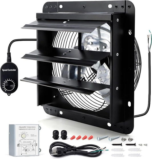 7 Inch Wall Mounted Shutter Exhaust Fan with Thermostat and Speed Controller for Attic, Greenhouse, Shed, Garage, Chicken Coop, Shop, Barn Ventilation, 760 CFM Louvered Vent Fan, Black