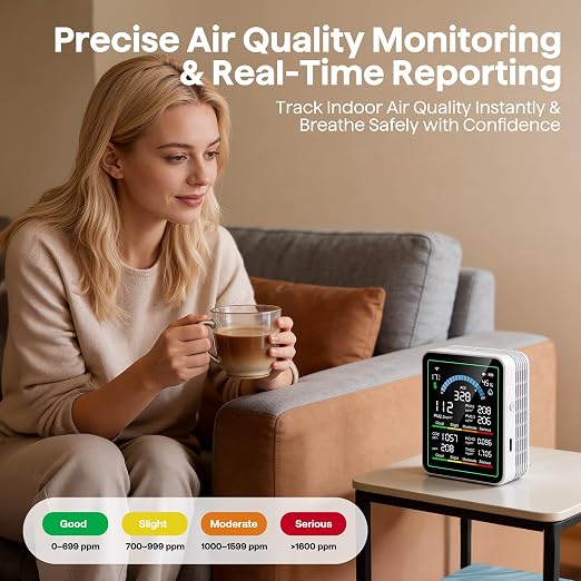 Air Quality Monitor Indoor, 10 in 1 Portable Smart Air Quality Tester for CO2 | TVOC | HCHO | Temp | AQI | PM0.3-1 Detection Suitable for Home, Cars, Plants, Pets and Hotels