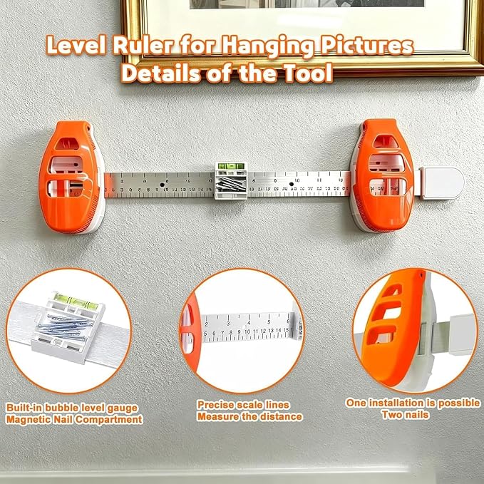 Level Ruler Picture Hanging Tool with Level – Precision Wall Mount Guide for Frames & Artwork, Easy Alignment Hanging Tool with Built-In Level for Home Decor Installation