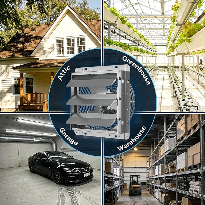 Hon&Guan 10 Inch Shutter Exhaust Fan with Stepless Speed Controller, 647 CFM High Airflow, 1600 RPM Wall Vent Fan, Automatic Gravity Shutters, Easy Install for Garage, Shed & Greenhouse, Gunmetal Gray