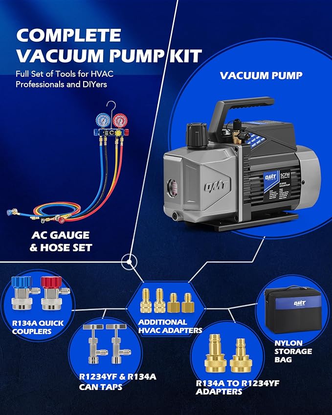 Orion Motor Tech A2L AC Vacuum Pump and Gauge Set, 5 cfm 2 Stage Sparkless Ignition Proof Vacuum Pump for R1234yf R32 R134a R410A System, with 4 Way AC Gauges Quick Couplers Thermometer Can Taps Hoses