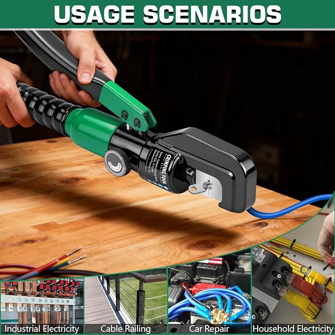 Hydraulic Crimping Tool Set with Cable Cutter, 10 Tons Battery Cable Crimper Tool with 12 AWG to 00 (2/0), Terminal Cable Wire Tool Kit with 9 Die (12awg~00awg Crimping Tool), Green